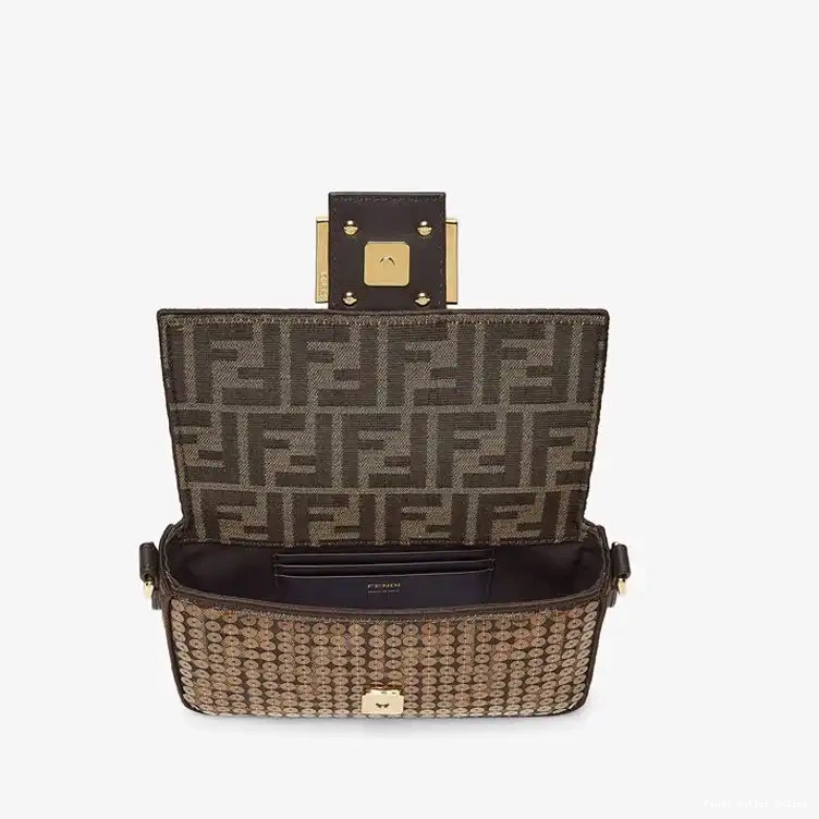 Affordable Mini Brown Motif Fabric with Sequins Baguette Bag FF Fendi In 0616